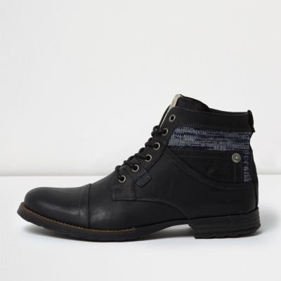 Black leather textile collar boots